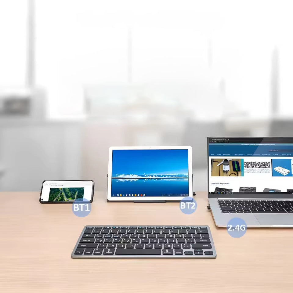Ultra Slim Hebrew Bluetooth & 2.4G Dual Mode Keyboard. Wireless Keyboard Low noise for iOS iPad Android Tablets Windows
